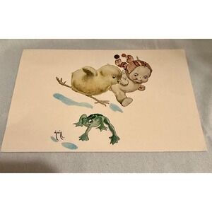 Vintage 1972 Rose O'Neill Kewpie Postcard Chick Frog Winter Hat Illustration